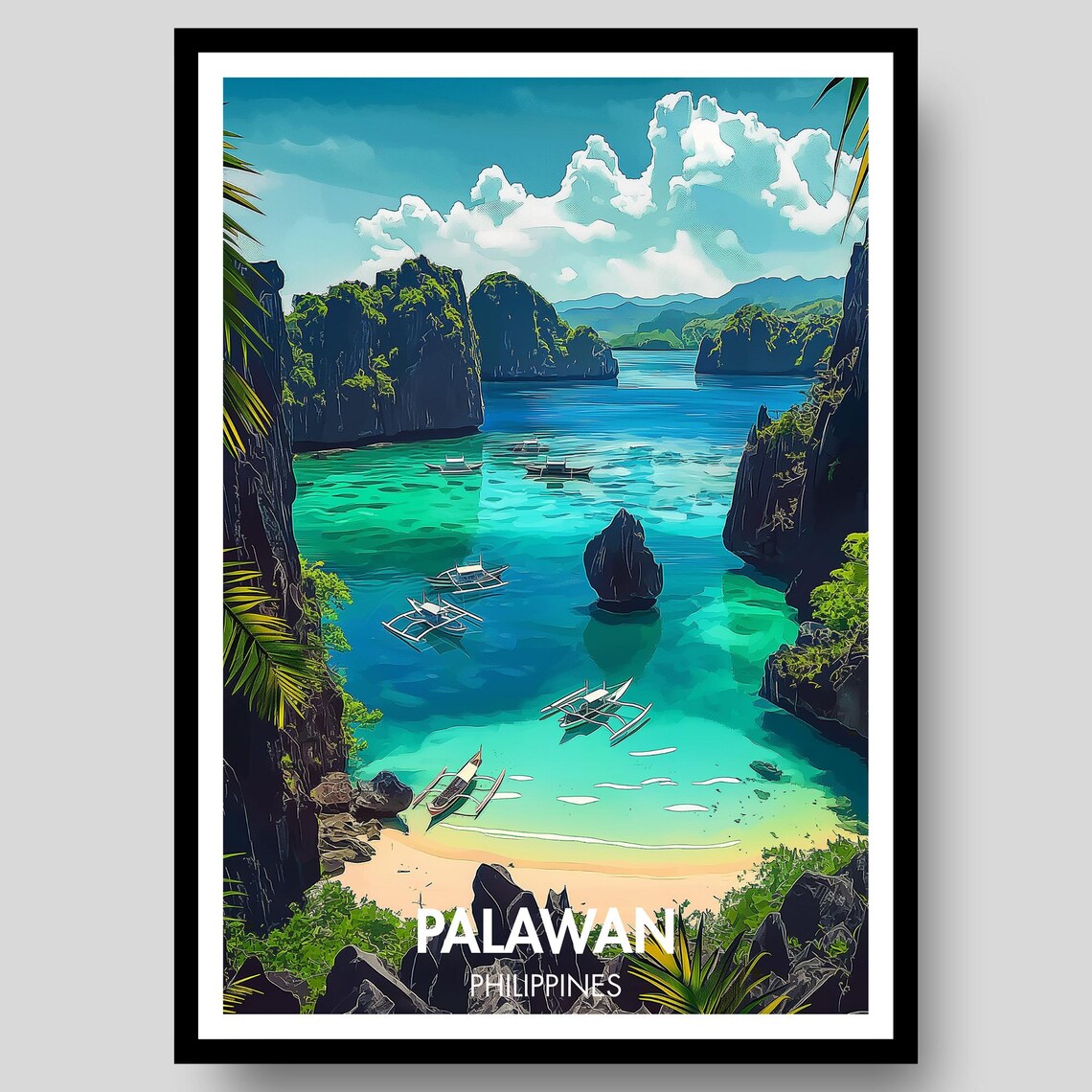 Palawan Philippines Limestone Lagoon Bangka Boats Travel Poster