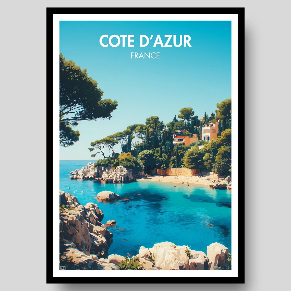 Cote D'Azur France Rocky Cove Turquoise Sea Vintage Travel Poster