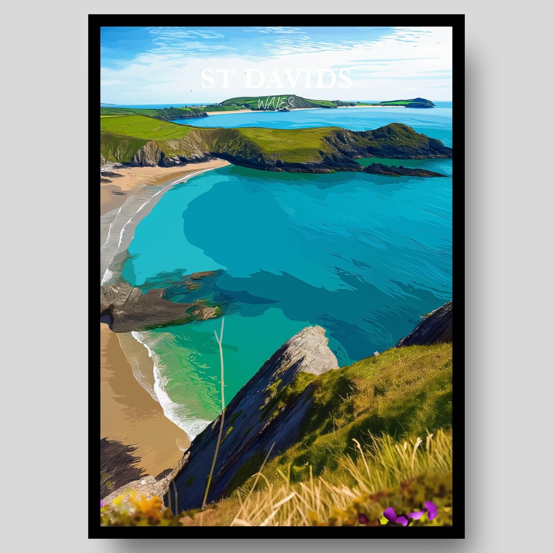 St Davids Wales Turquoise Bay Cliffs Coastal Seascape Travel Poster