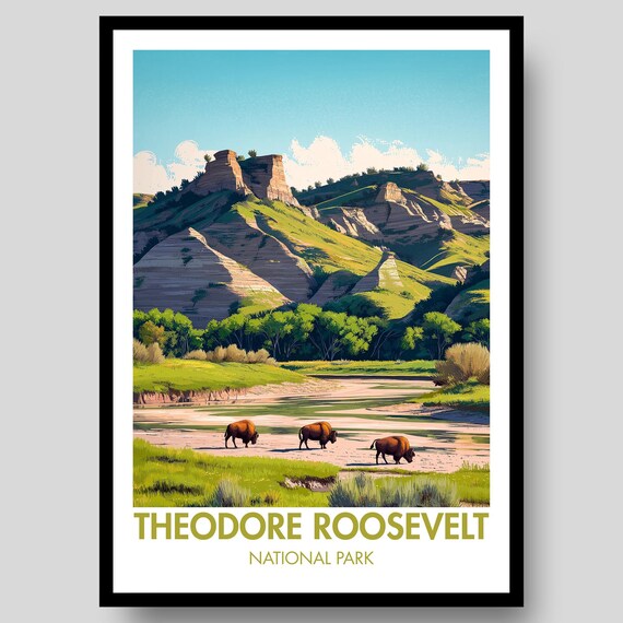 Theodore Roosevelt National Park Bison Valley Sunset Travel Poster