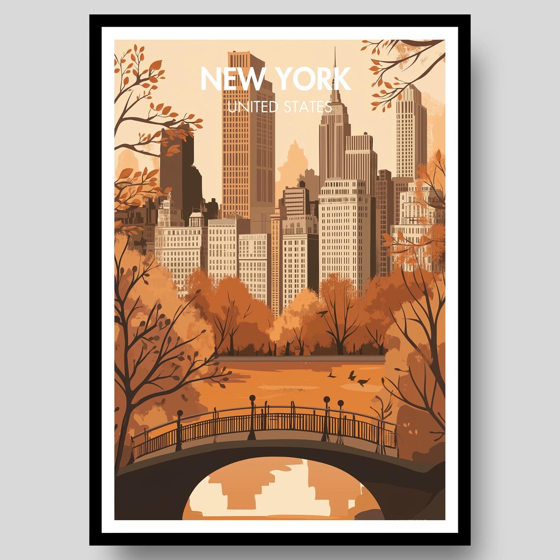 New York City Autumn Fall Foliage Park Skyline Travel Poster