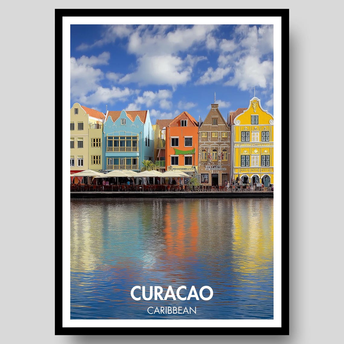 Curacao Caribbean Waterfront Colorful Buildings Sunset Travel Poster