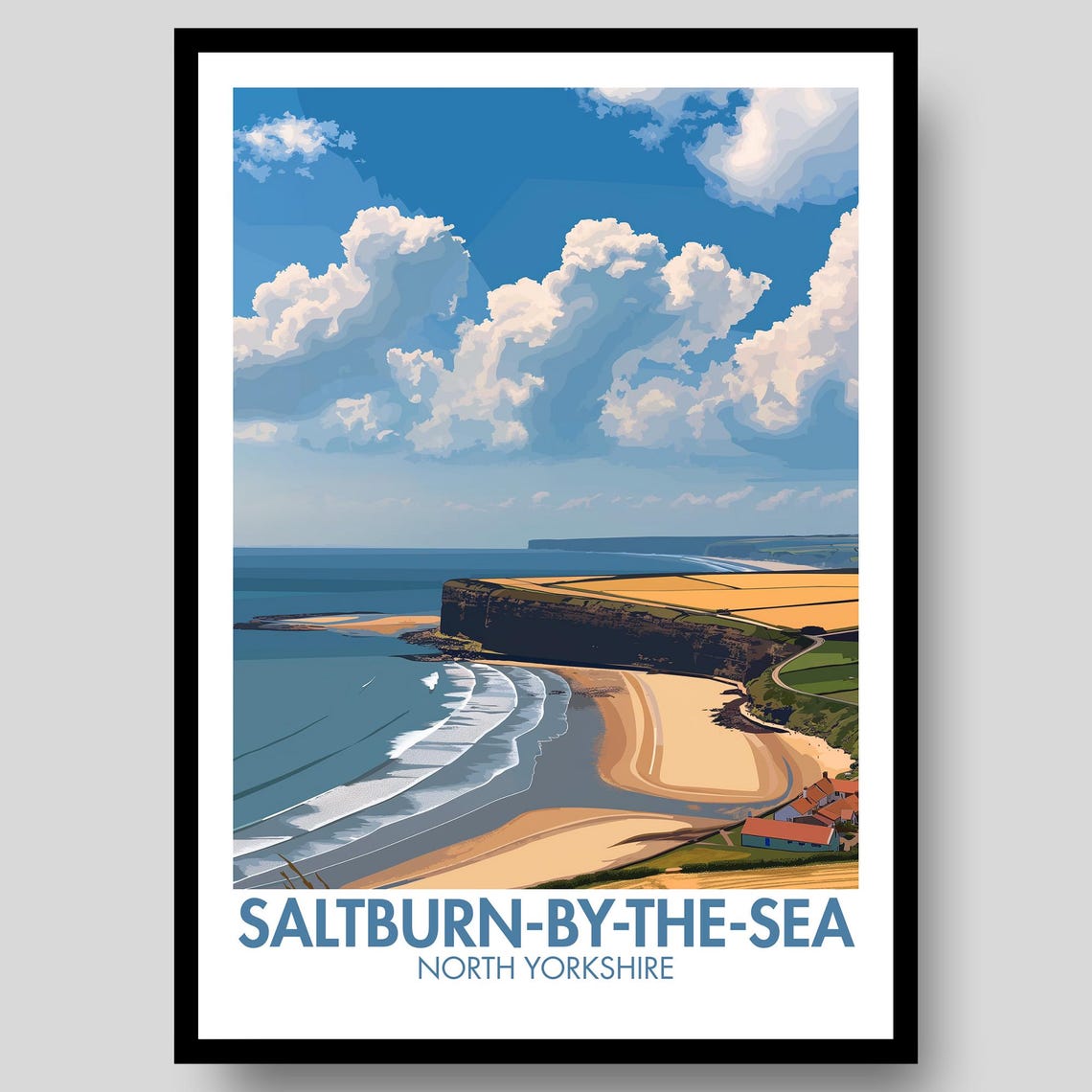 Saltburn-by-the-Sea North Yorkshire Beach Cliffs Retro Travel Poster
