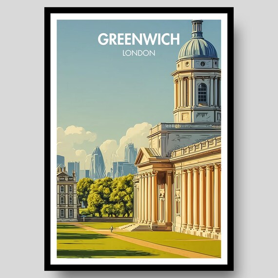 Greenwich London Naval College Dome Columns Vintage Travel Poster