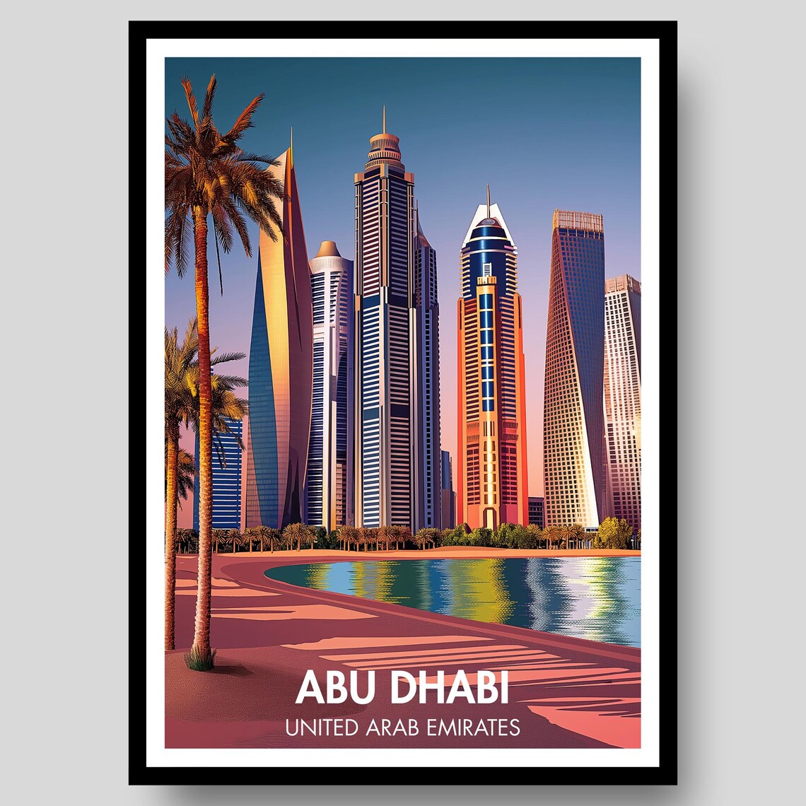 Abu Dhabi UAE Golden Hour Towers Palm Waterfront Retro Travel Poster
