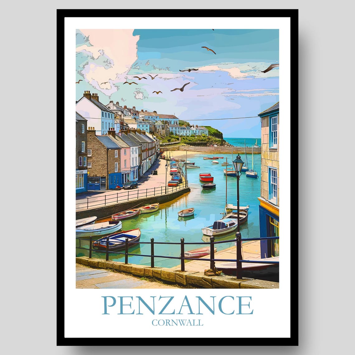 Penzance Cornwall Harbor Boats Seagulls Historic Quay Poster