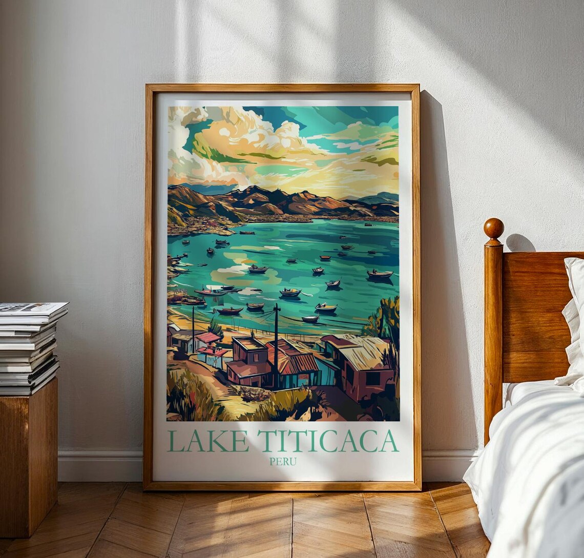 Lake Titicaca Peru Boats Harbor Mountain View Vintage Travel Poster