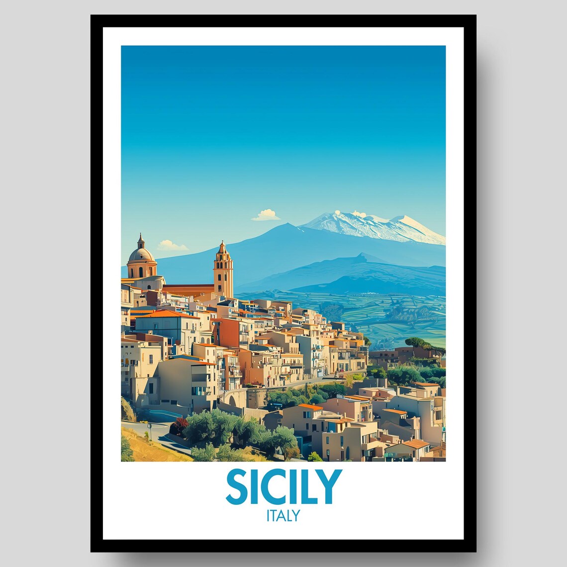 Sicily Italy Hilltop Town Mount Etna Volcano Vintage Travel Poster Art