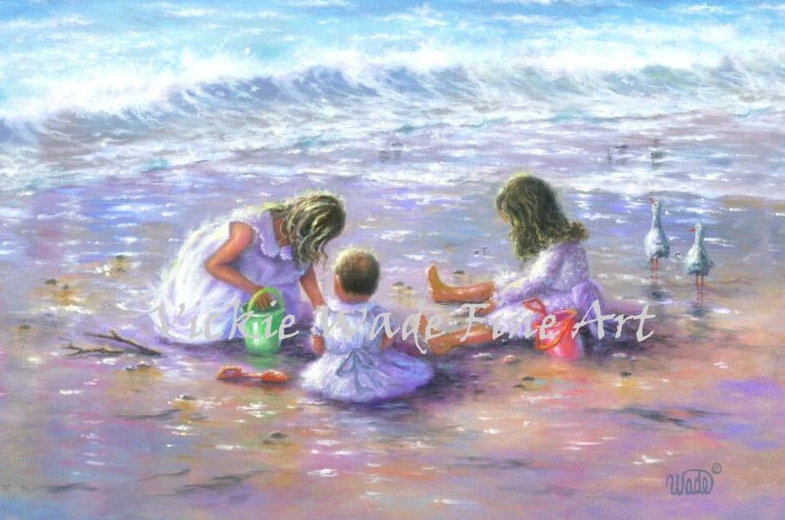 Three Beach Sisters Art Print Finding Seashells Three Beach Girls Sitting In Sand Three Daughters At Beach White Dresses Vickie Wade Art