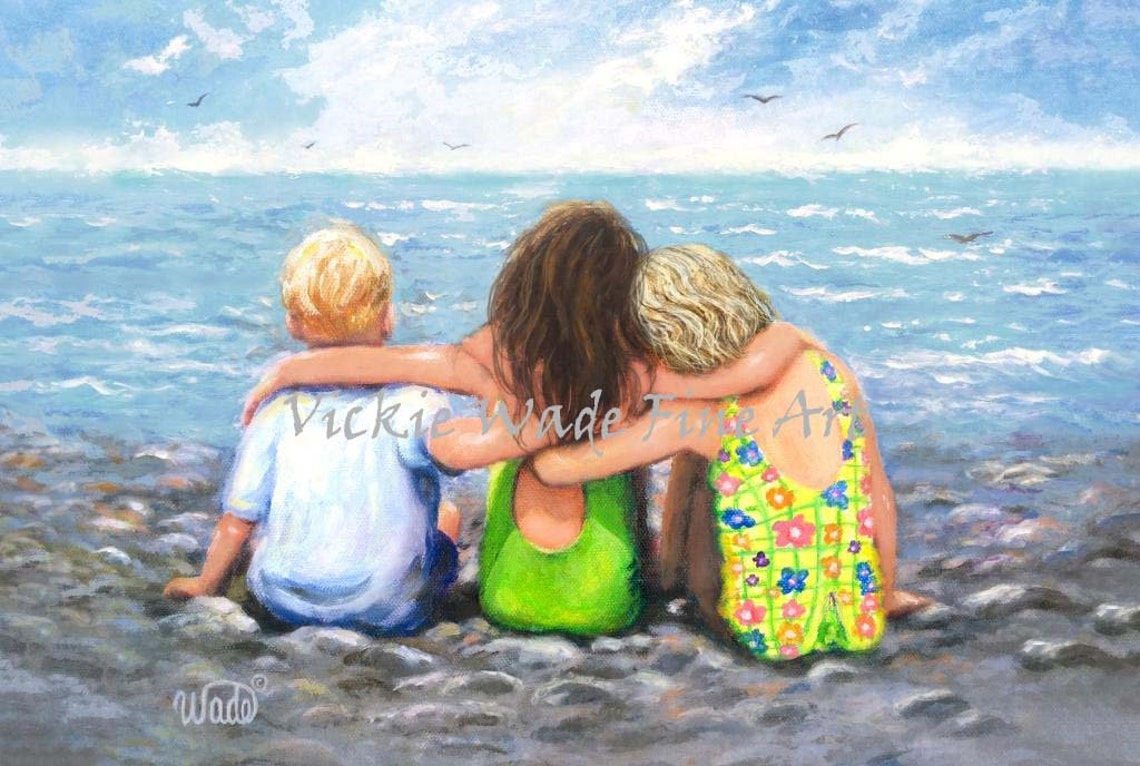 Three Children Hugging on a Rocky Shore Watching Ocean Poster
