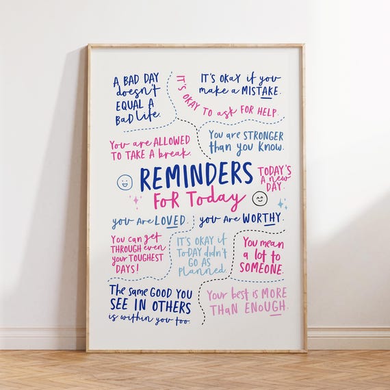 Positive Reminders Poster, Pink And Blue Daily Affirmations