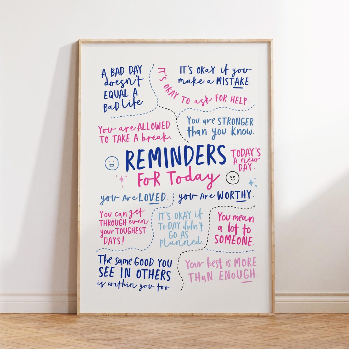 Positive Reminders Poster, Pink And Blue Daily Affirmations