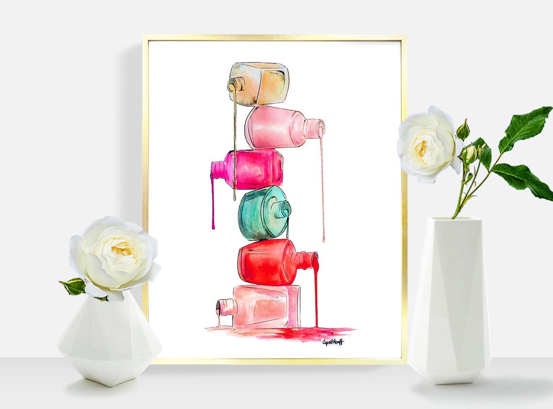 Tower of Stacked Nail Polish Bottles Watercolor Beauty Poster - Image 2