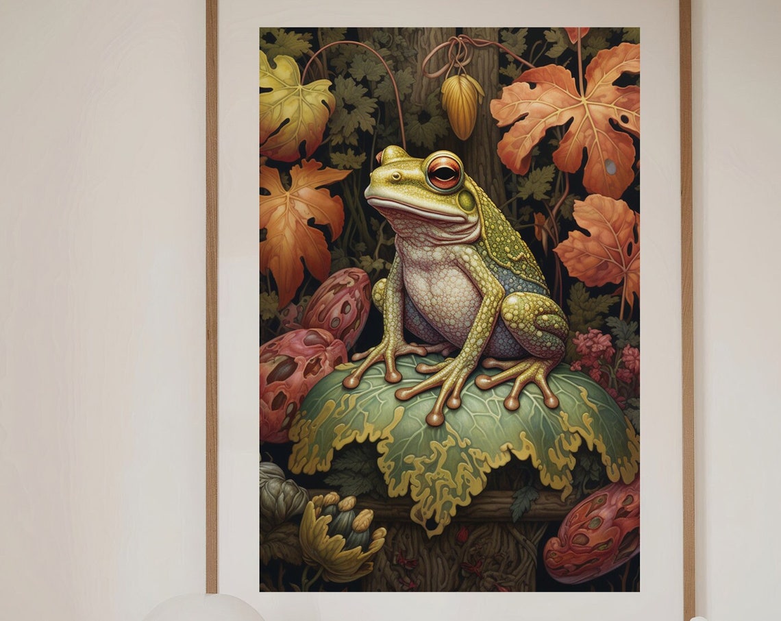 Vintage Green Tree Frog Perched On Leaf Among Autumn Foliage Poster - Image 5