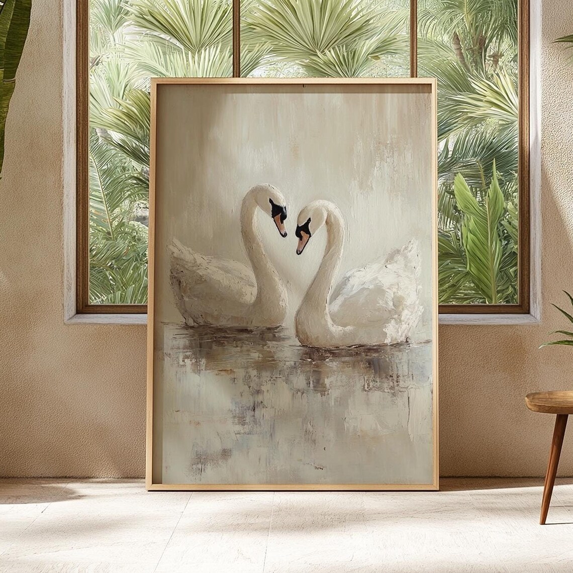 White Swan Couple Oil Painting Print, Rustic Vintage