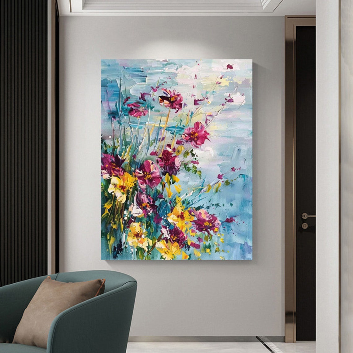 Pink Yellow Wildflowers Textured 3D Floral Vertical Painting Poster - Image 4