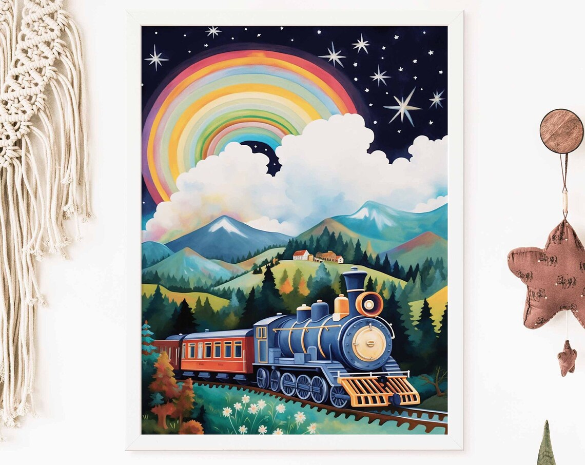 Blue Steam Locomotive Rainbow Starry Night Daisy Meadow Poster