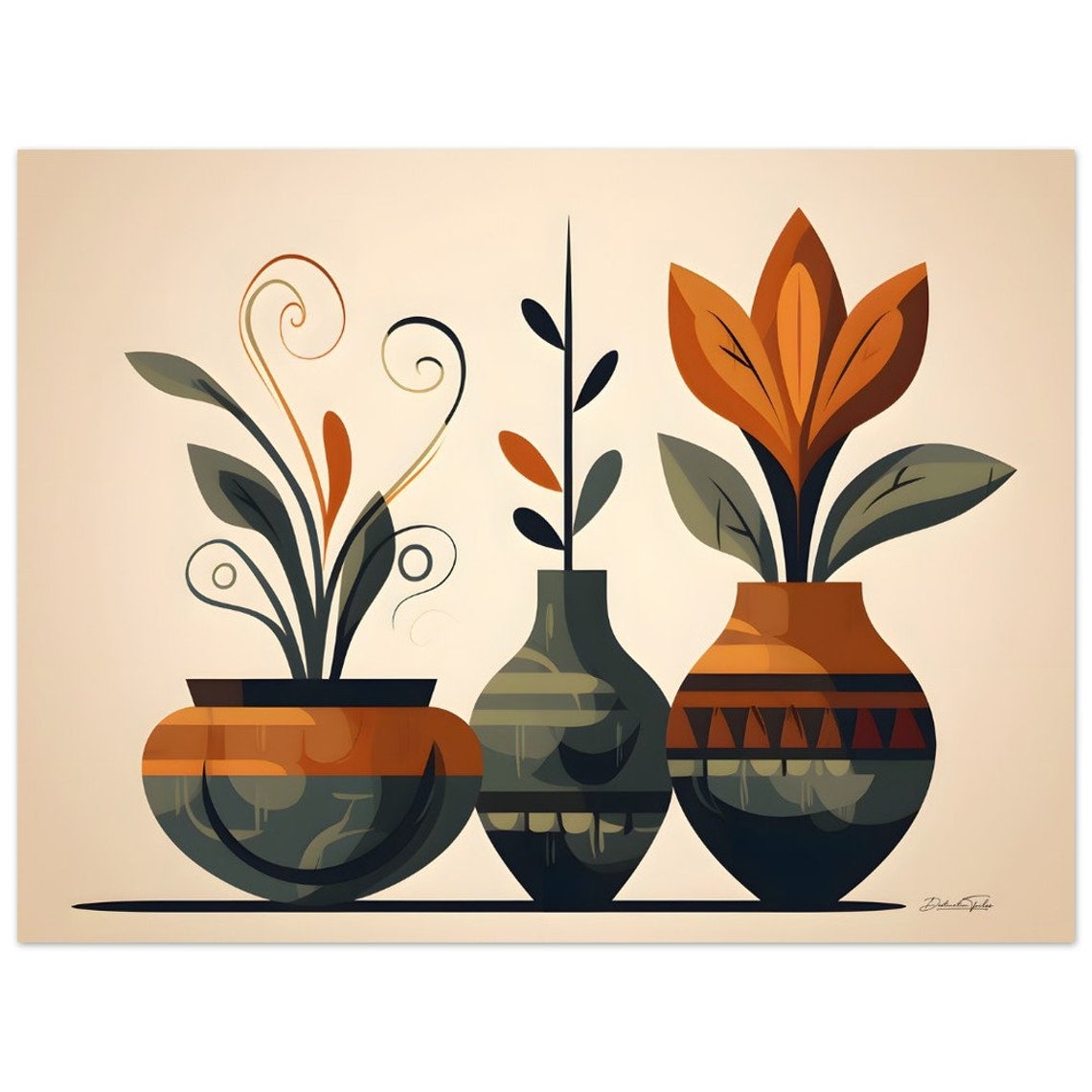 Boho African Vases With Plants Warm Minimalist Home Art Poster - Image 3