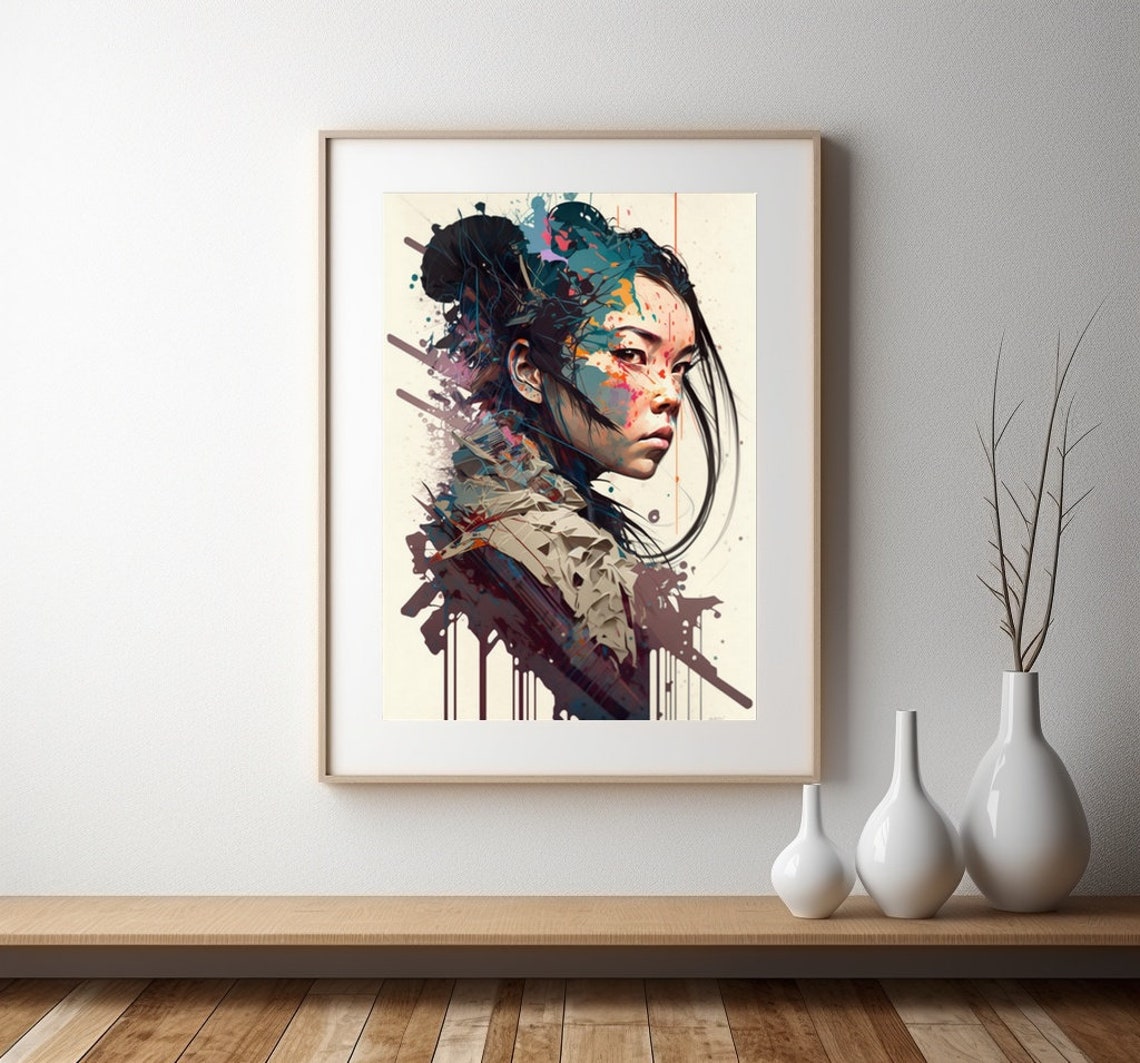 Colorful Ink Splash Japanese Portrait Expressive Art Wall Decor Poster