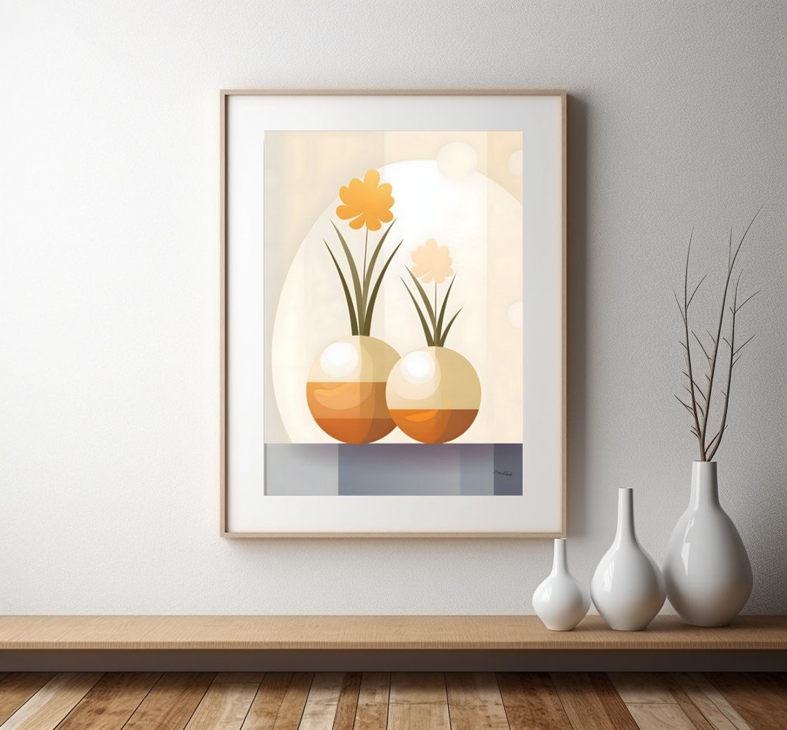 Geometric Orange Blossom Vases Warm Abstract Floral Wall Decor Poster