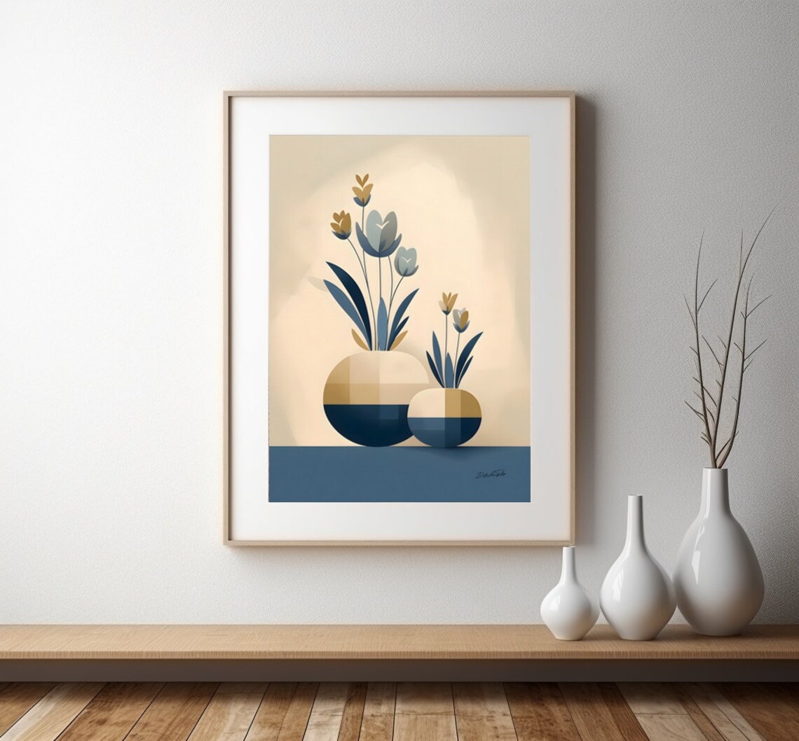 Navy and Cream Round Vases Blue Gold Floral Still Life Poster