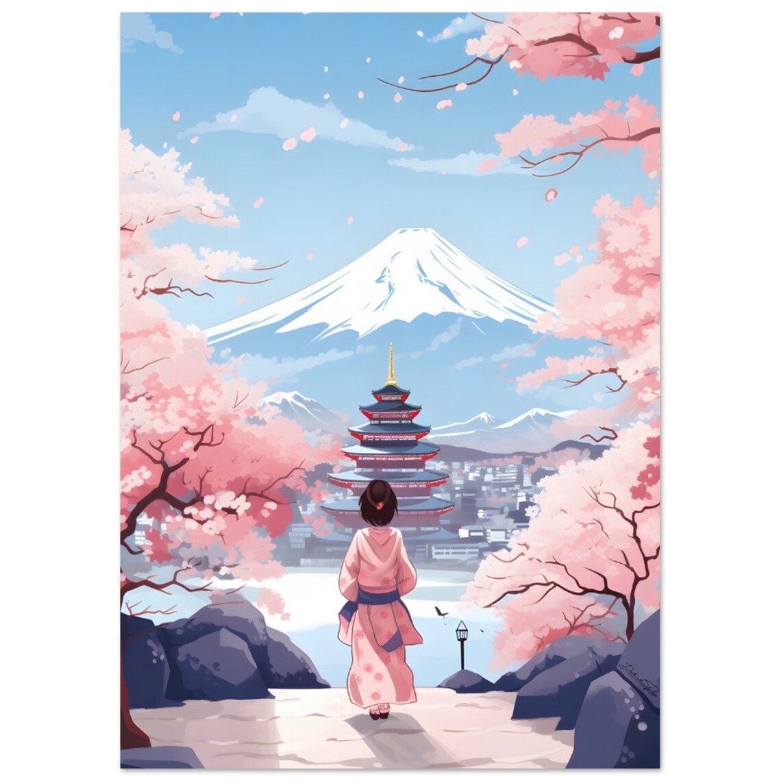 Geisha and Mount Fuji Cherry Blossom Japan Travel Art Poster - Image 2