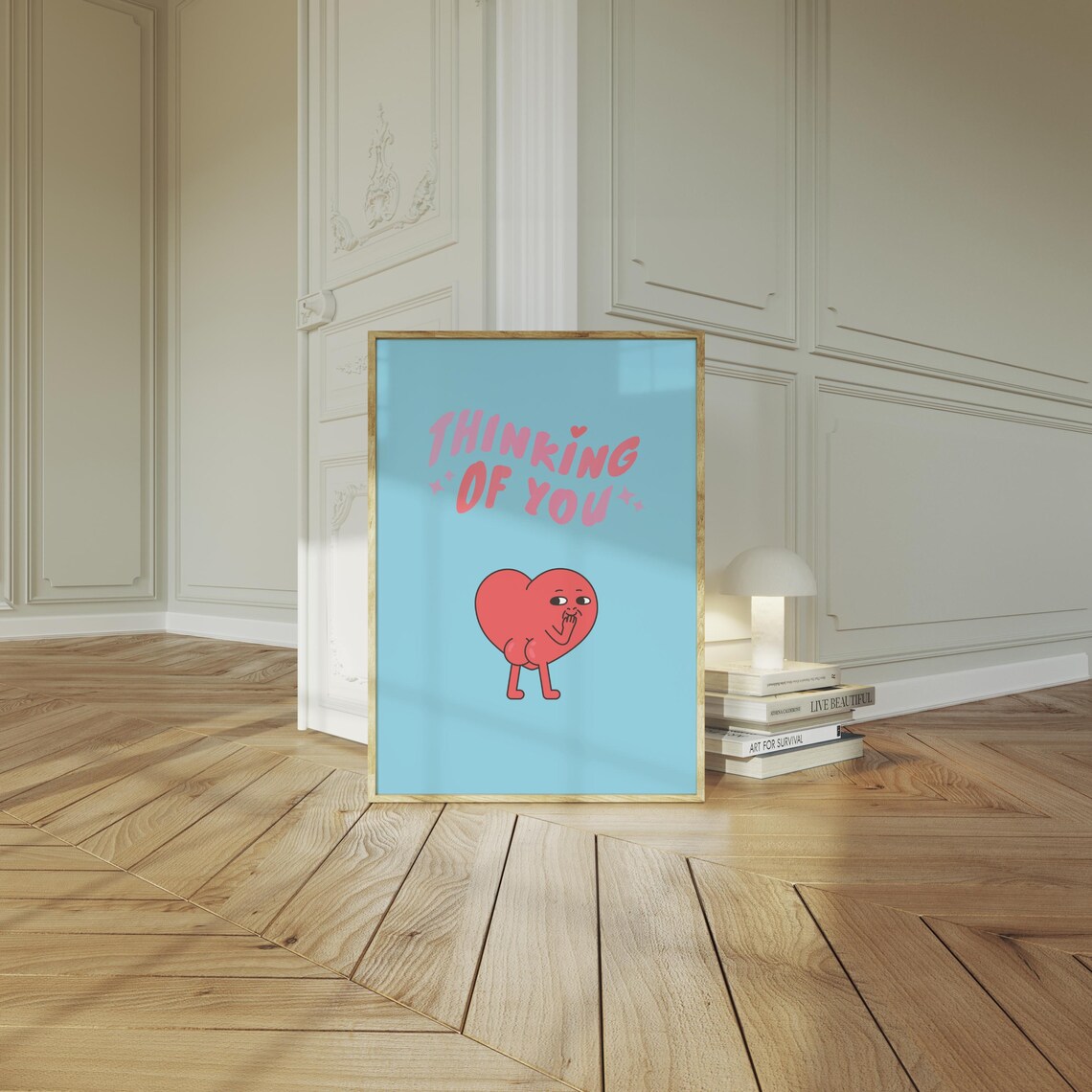 Thinking Of You Cute Red Heart Character Blue Cartoon Art Poster - Image 2