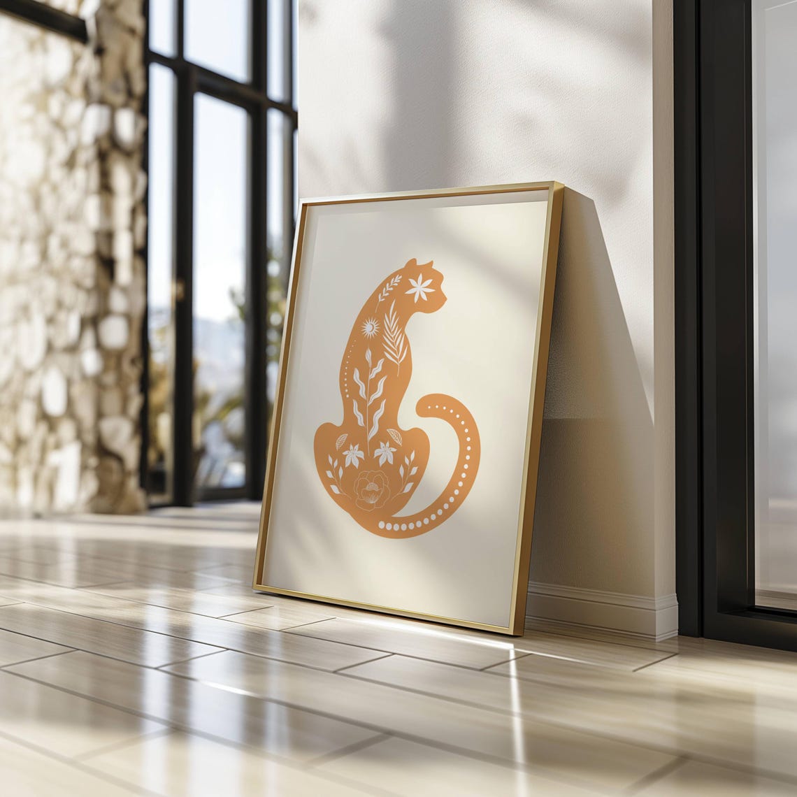 Terracotta Leopard Botanical Floral Silhouette Earthy Cat Print - Image 2