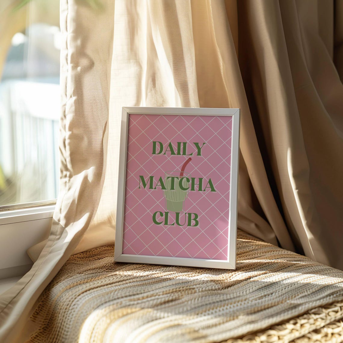 Daily Matcha Club Pink Plaid Trendy Kitchen Green Tea Poster - Image 2