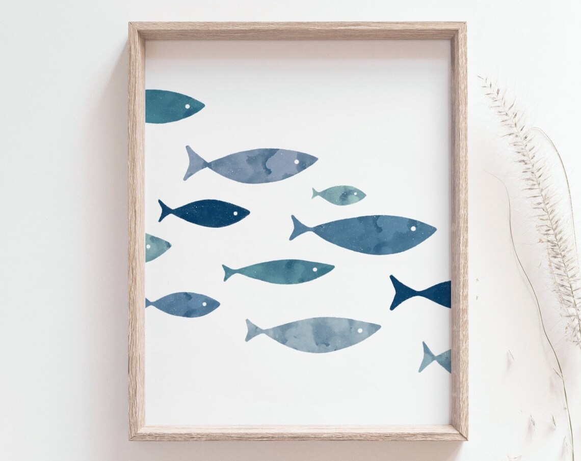 Shoal Of Fish Watercolor Art Print, Coastal Decor
