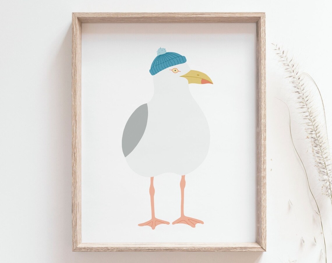 Seagull With Blue Beanie, Coastal Art Print