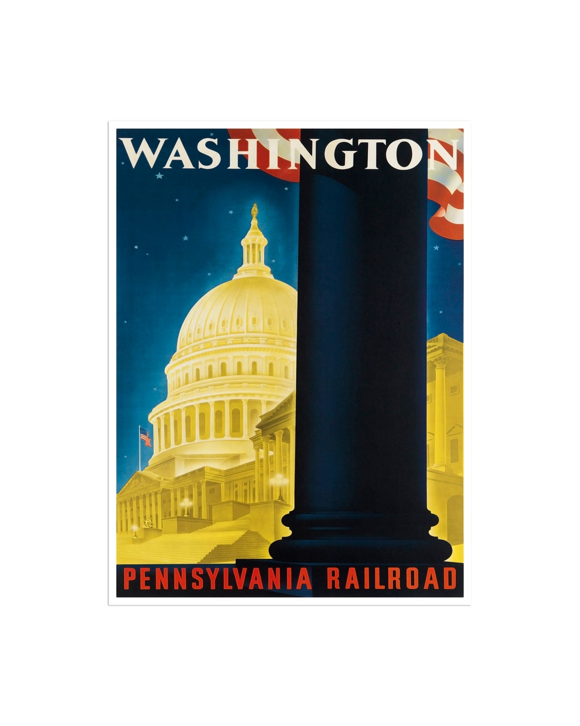 Washington DC Capitol Dome Night Pennsylvania Railroad Poster