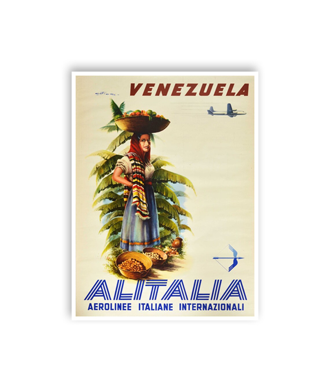 Venezuela Fruit Seller Alitalia Airline Vintage Travel Poster