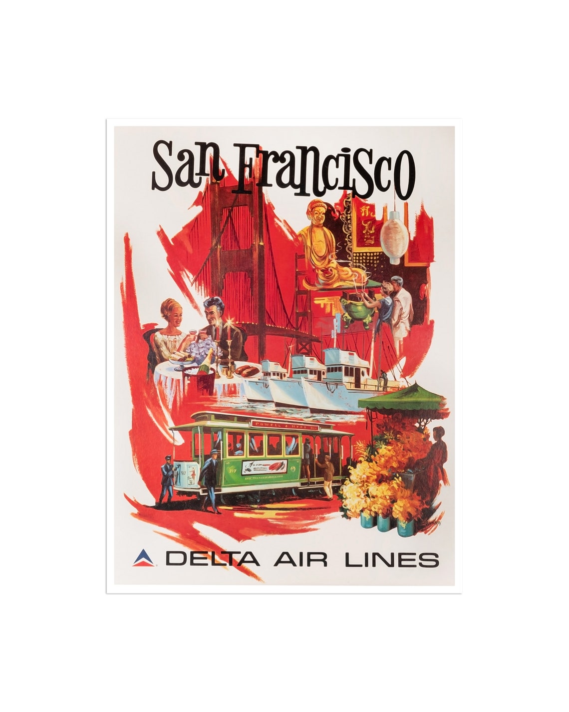 San Francisco Delta Air Lines Vintage Travel Poster Cable Car