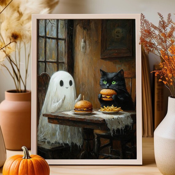 Ghost and Black Cat Eating Cheeseburgers and Fries at a Table Poster