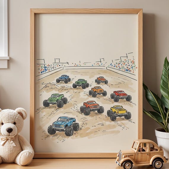 Monster Truck Nursery Wall Art Vintage Storybook Decor Boys Room Toddler Playroom Colorful Poster Digital Download