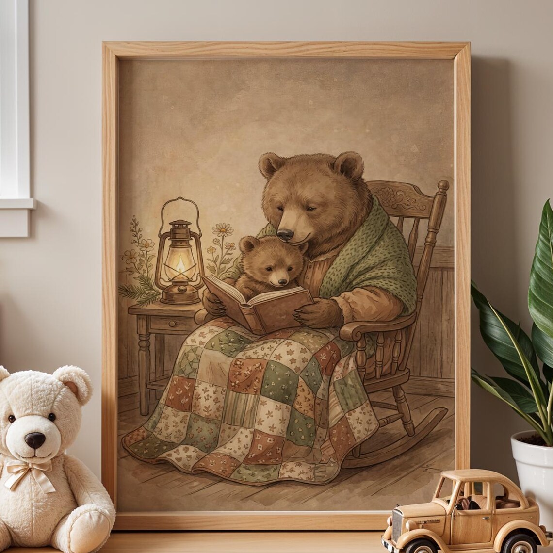 Mother Bear Cub Reading in Rocking Chair Vintage Nursery Sweet Bear Poster