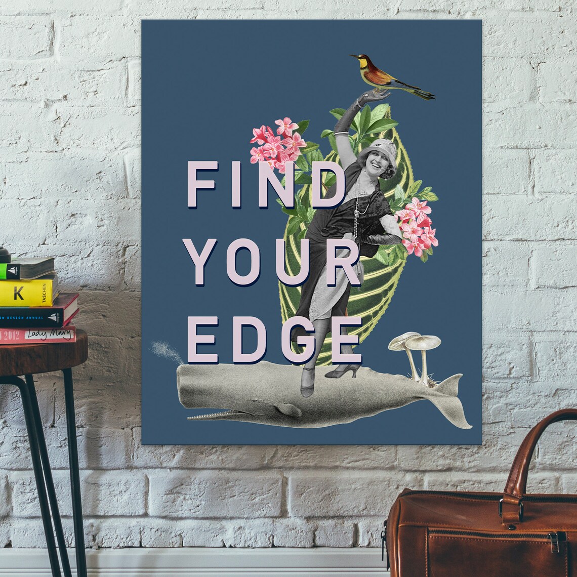 Find Your Edge Surreal Vintage Collage Whale Botanical Art Poster - Image 2
