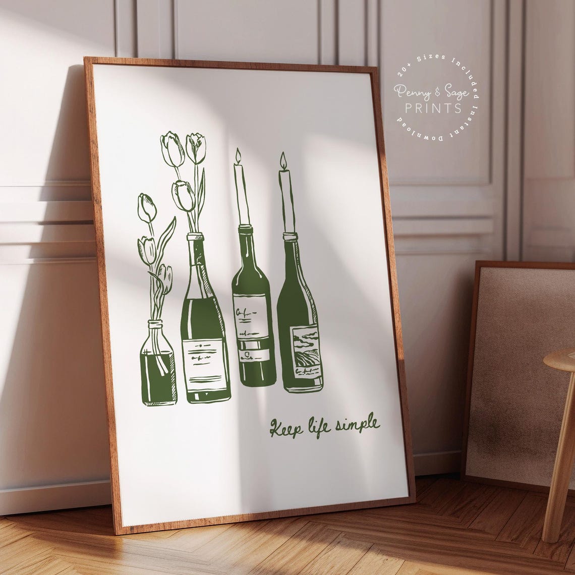 Keep Life Simple Green Wine Bottles Candles Tulips Art Poster - Image 2