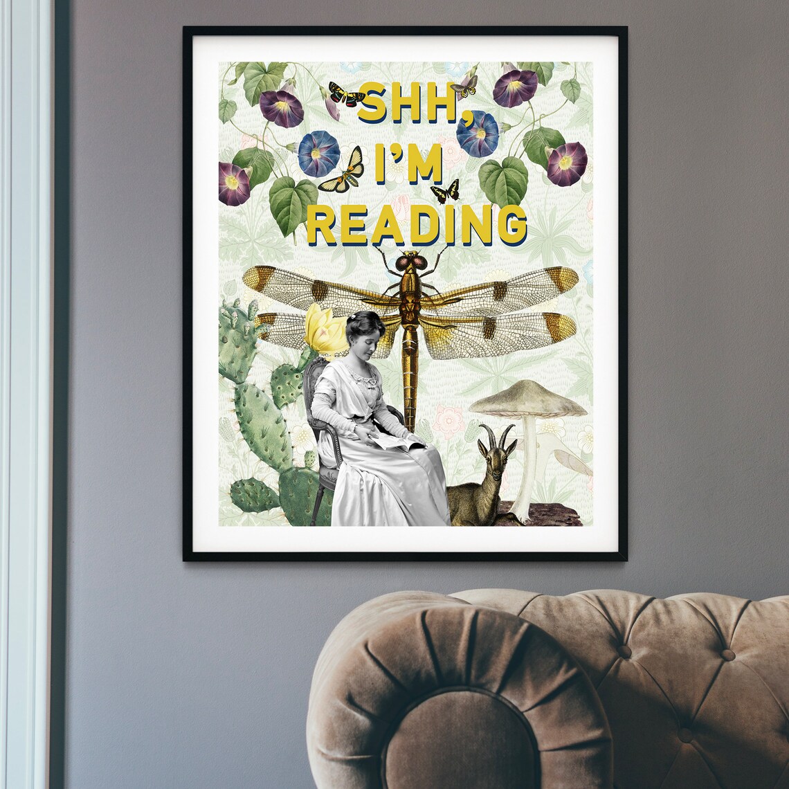 Shh Im Reading Surreal Vintage Collage Dragonfly Botanical Art Poster