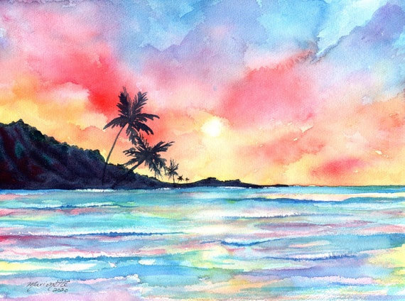 Kauai Sunset Watercolor Art Print, Hawaii Decor