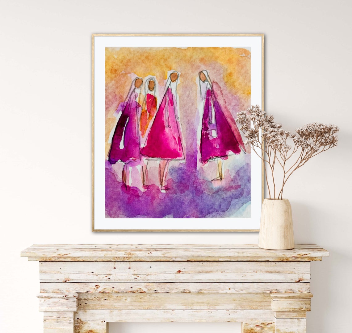 Conversations Abstract Watercolor Four Women Walking Pink Art Poster