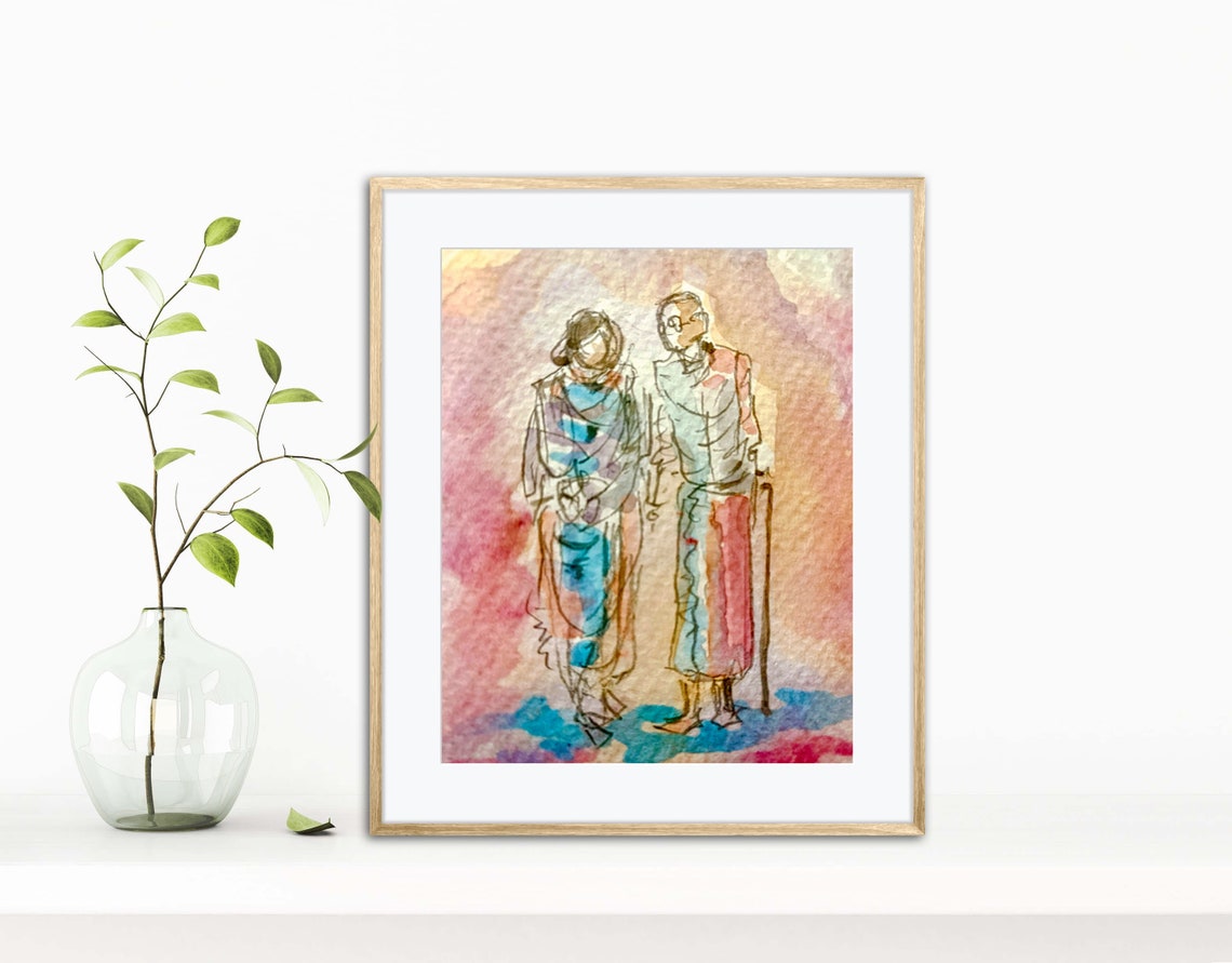 The Golden Years Elderly Couple Walking in India Watercolor Art Poster - Image 4