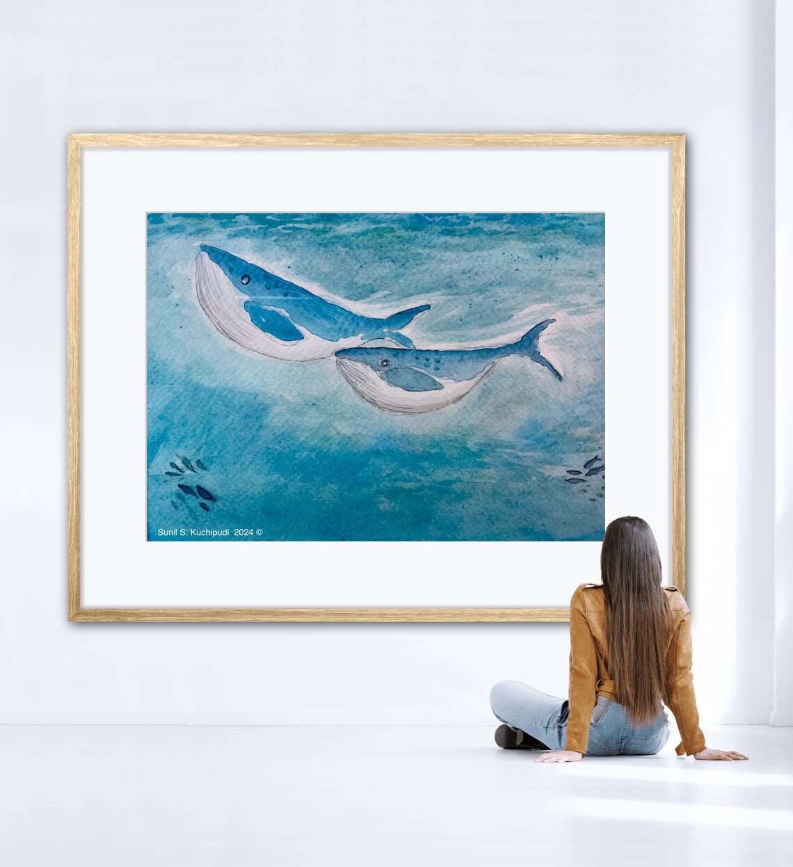 Two Whale Friends Watercolor Blue Ocean Pair Whale Art Poster - Image 5