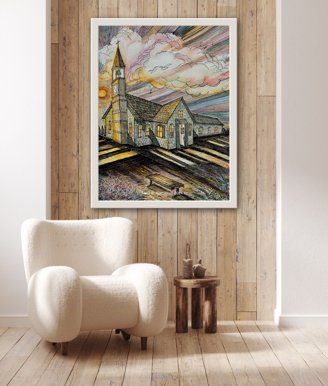 Sunset Years Old Church at Sunset Watercolor Christian Art Poster - Image 3