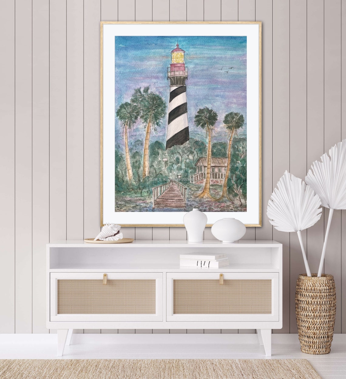 St Augustine Lighthouse at Dusk Watercolor Palm Boardwalk Art Poster - Image 2