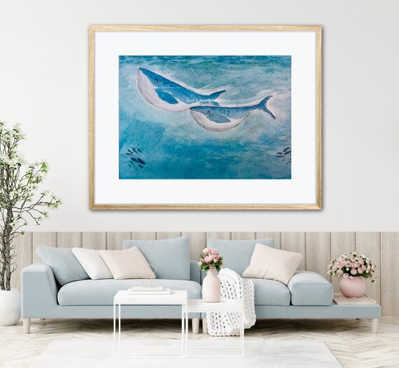 Two Whale Friends Watercolor Blue Ocean Pair Whale Art Poster