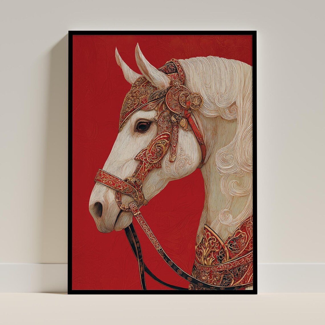 Regal White Horse Red and Gold Ornate Bridle Majestic Equine Poster