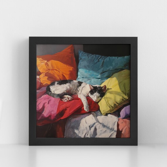 Sleeping Cat Colorful Pillows Cozy Oil Painting Cute Bedroom Art Poster