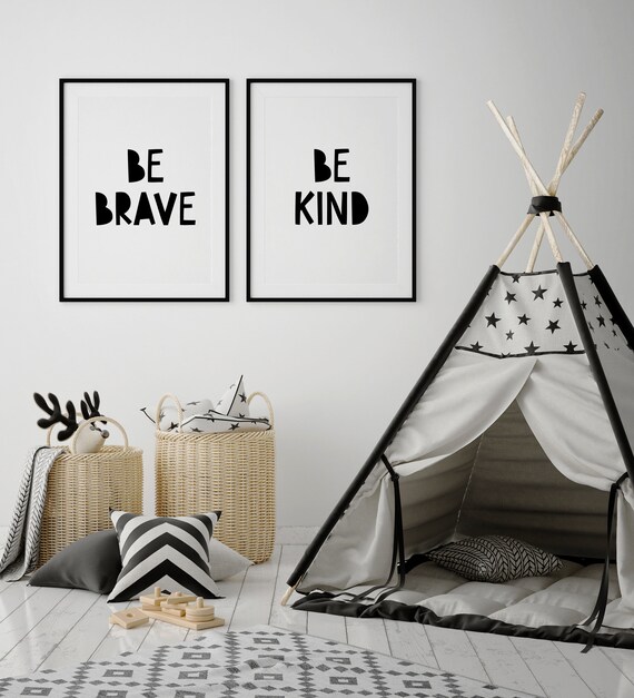 Be Brave Be Kind Set of Two Kids Nursery Playroom Wall Decor Poster